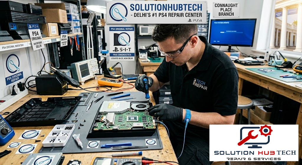 PS4 motherboard repair being performed at Solutionhubtech PS4 repair shop Delhi